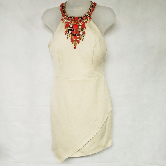 bebe Dresses & Skirts - Bebe Beaded Asymmetrical Bodycon Dress